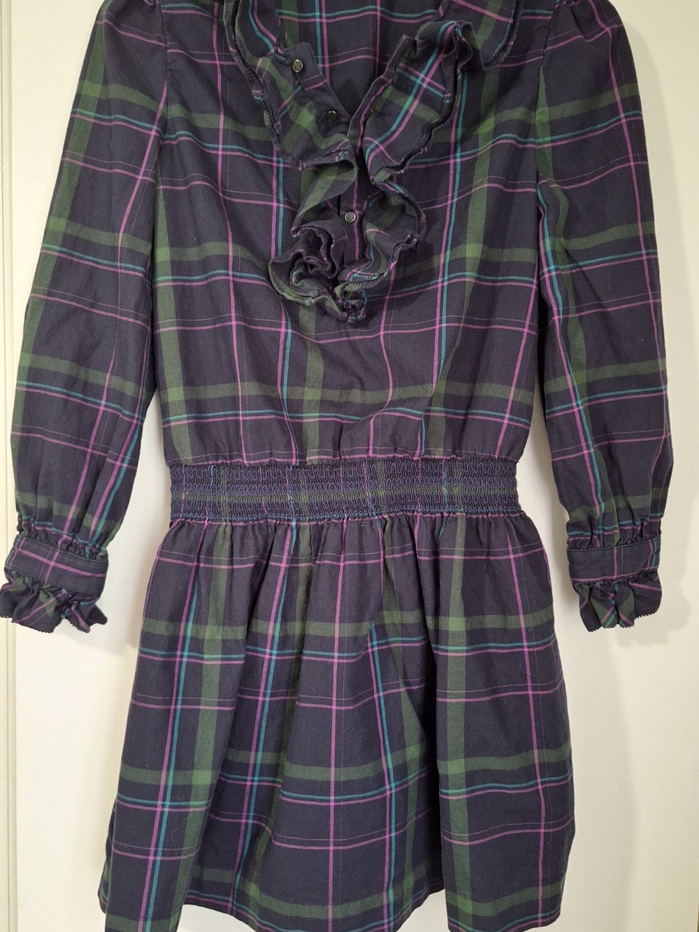 Girl's Polo Ralph Lauren Ruffle-Trim Plaid Twill Dress Long Sleeve  Size 12
